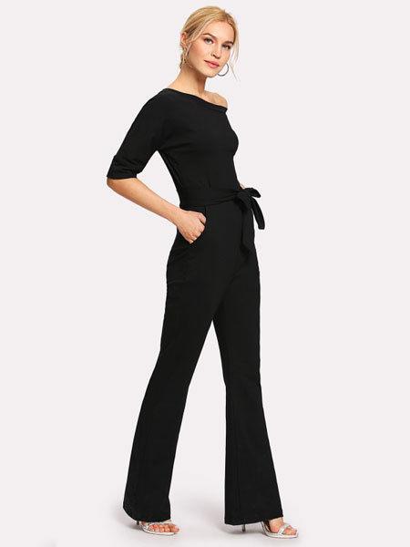 Women Casual Jumpsuit Half Sleeve Bateau Neck Knotted Straight Leg Jumpsuit - Image 5