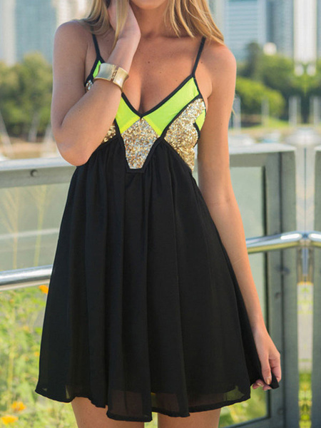 Women Chiffon Deep V Neck Sleeveless Mini Dress
