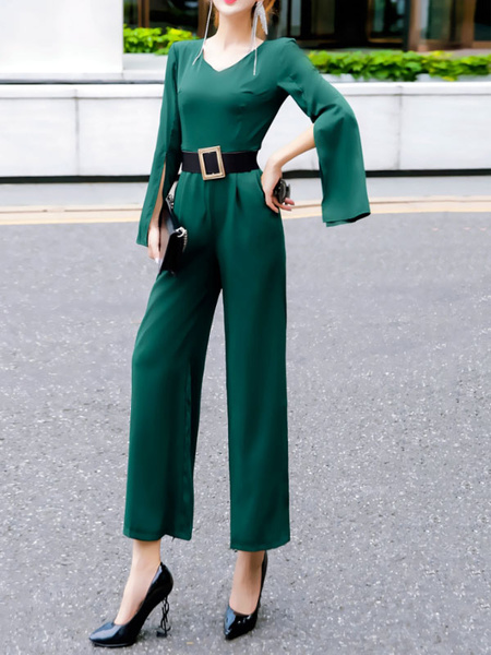 Women Chiffon Jumpsuit V Neck Long Sleeve Wide Leg Jumpsuit