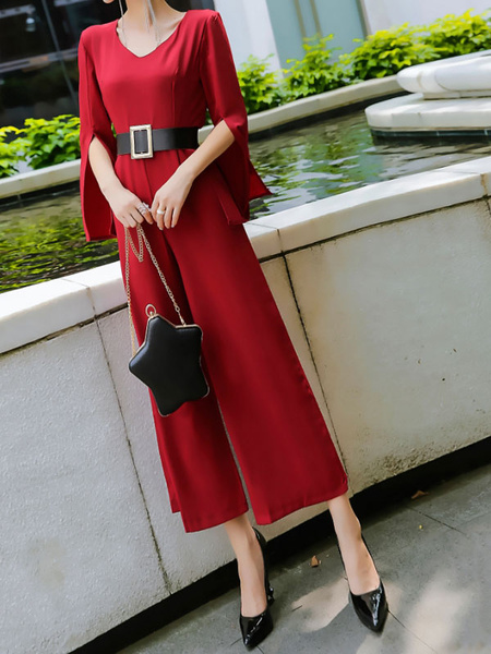 Women Chiffon Jumpsuit V Neck Long Sleeve Wide Leg Jumpsuit - Image 3