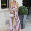 Women Striped Jumpsuit Adjustable Straps Sleeveless Cross Back Straight Leg Jumpsuit