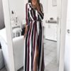 Women Turn-down Collar Button Long Summer Spring Striped Maxi Dresses - Image 3
