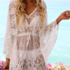 Beach Cover Up Dress Sheer Lace V Neck Long Sleeve Women Bathing Suit