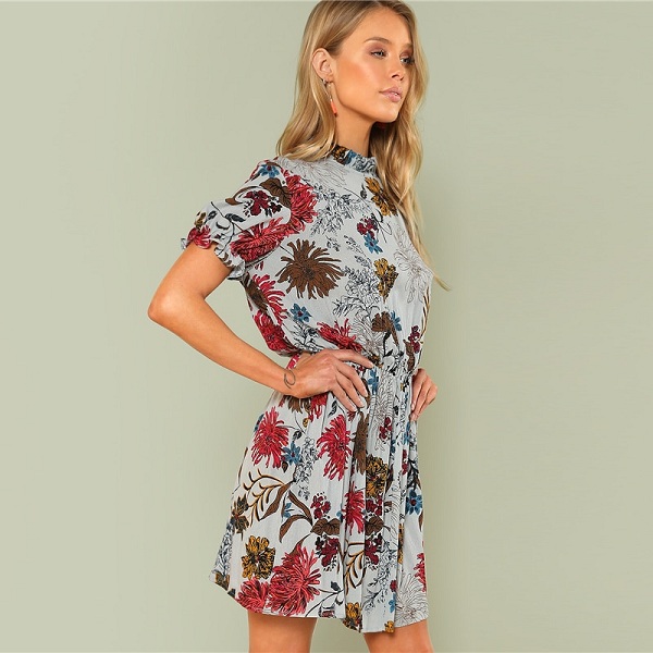 Bohemian Beach Ruffle Floral Stand Collar Dress - Image 4