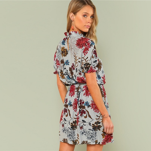 Bohemian Beach Ruffle Floral Stand Collar Dress - Image 3