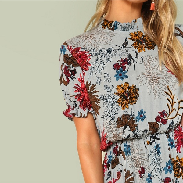 Bohemian Beach Ruffle Floral Stand Collar Dress - Image 5