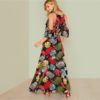 Boho Floral Print Sexy Deep V Neck Open Shoulder Maxi Dress - Image 3