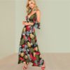 Boho Floral Print Sexy Deep V Neck Open Shoulder Maxi Dress - Image 2