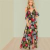 Boho Floral Print Sexy Deep V Neck Open Shoulder Maxi Dress