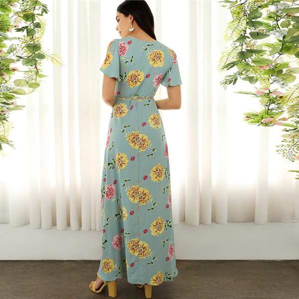 Boho Surplice Neck High Split Floral and Dot Maxi Dress - Image 5