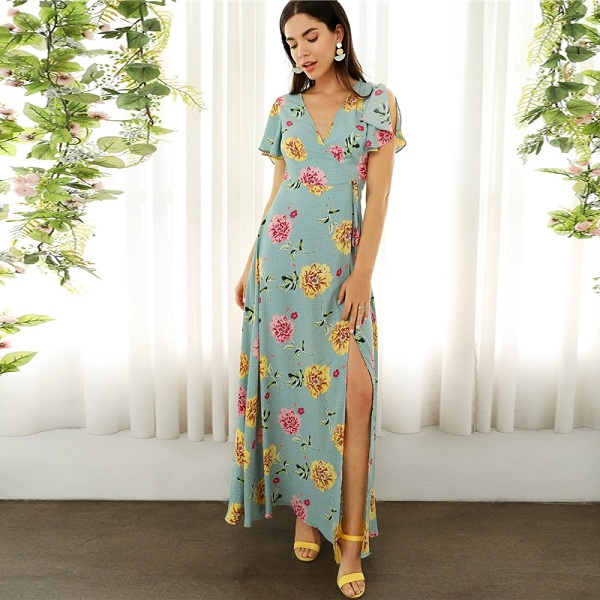 Boho Surplice Neck High Split Floral and Dot Maxi Dress - Image 2