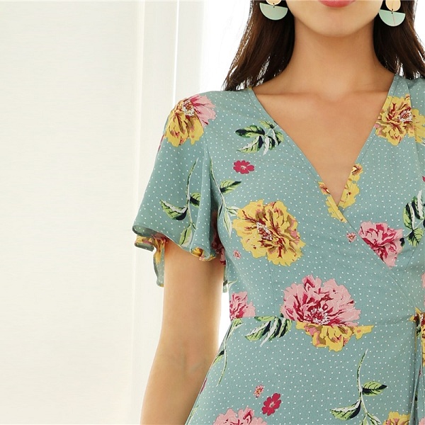 Boho Surplice Neck High Split Floral and Dot Maxi Dress - Image 4