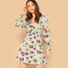 Button Front Deep V Neck Floral Print Mini A Line Dress - Image 2