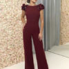 Cape Sleeve Flower Backless Burgundy Jumpsuit