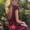 Cape Sleeve Flower Backless Burgundy Jumpsuit - Image 3