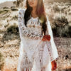 Cover Up Dress Lace Sheer Long Sleeve V Neck Women Beach Bathing Suit