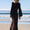 Crochet Cover Up Dress Cut Out Split Sheer Bell Sleeve Women Beach Bathing Suit - Image 5