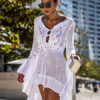 Crochet Cover Up Dress Women V Neck Long Sleeve Sheer Beach Dress