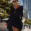 Crochet Cover Up Dress Women V Neck Long Sleeve Sheer Beach Dress - Image 3