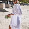 Crochet Cover Up Dress Women V Neck Long Sleeve Sheer Beach Dress - Image 2