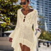 Crochet Cover Up Dress Women V Neck Long Sleeve Sheer Beach Dress - Image 9