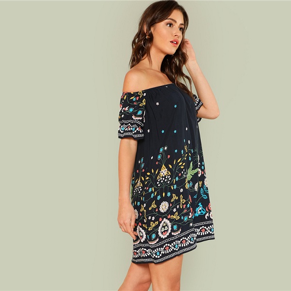Floral Boho Off the Shoulder Tribal Print Bardot Half Sleeve Ruffle Dress - Image 3