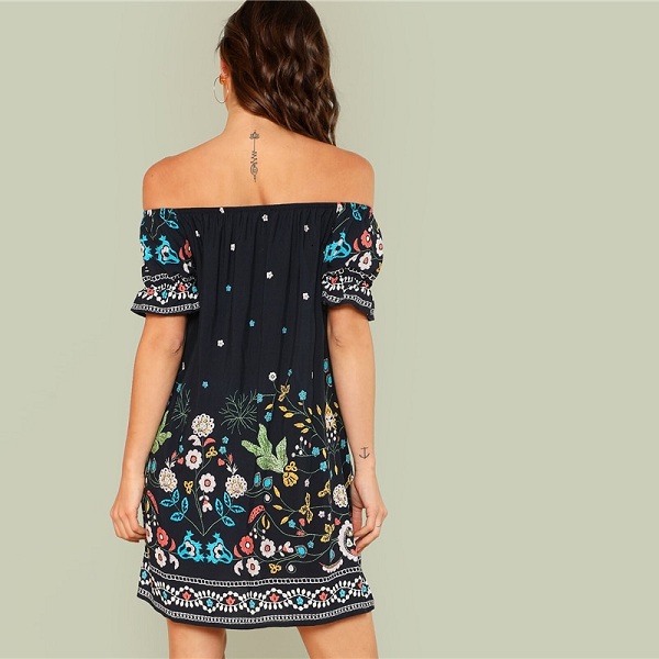 Floral Boho Off the Shoulder Tribal Print Bardot Half Sleeve Ruffle Dress - Image 5