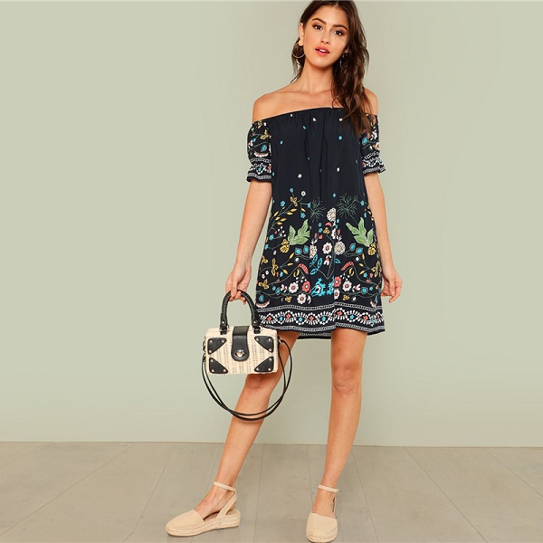 Floral Boho Off the Shoulder Tribal Print Bardot Half Sleeve Ruffle Dress