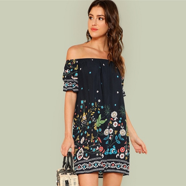 Floral Boho Off the Shoulder Tribal Print Bardot Half Sleeve Ruffle Dress - Image 2