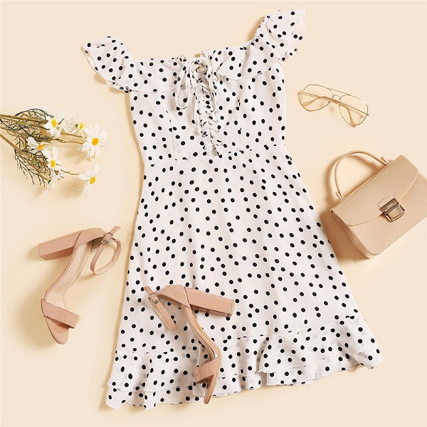 Flounce Layered Neck Lace-Up Dot Print Short A-Line Casual Dress - Image 6