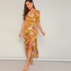 Flower Print Surplice Wrap Maxi Boho V-Neck Shift Split Dress