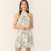 Lemon Print Trapeze Halter Short Women Elegant Casual Dresses