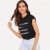 Printing Letter Slogan  Comfortable Streetwear Sleeveless Around The Neck Tshirt - Image 2