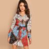 Multicolor Collar Scarf Print Self Belted Shift Short Dressh - Image 2