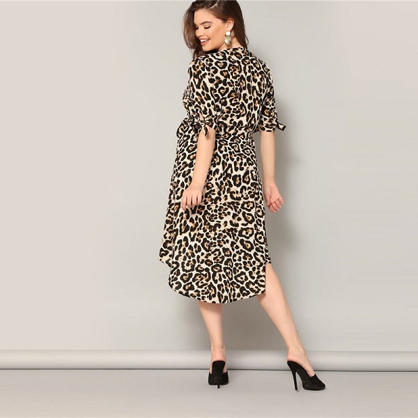 Plus Size High Low Hem Leopard Print Midi Women Summer Dress - Image 2