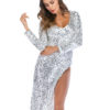 Sexy Club Dress Glitter Sequins Long Sleeve V Neck Split Clubwear - Image 3