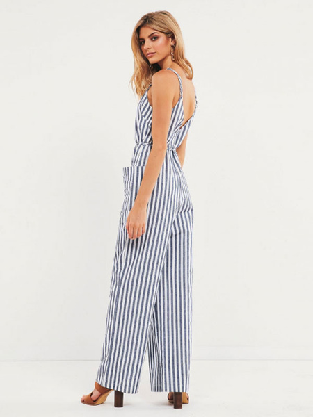 Striped Sleevless Buttons Wide Leg Jumpsuit - Image 3