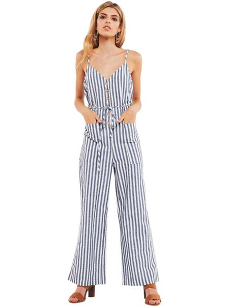 Striped Sleevless Buttons Wide Leg Jumpsuit