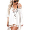 White Cover Up Dress Plunging Lace Tassels Oversized Beach Dress