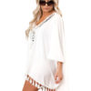 White Cover Up Dress Plunging Lace Tassels Oversized Beach Dress - Image 2