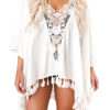 White Cover Up Dress Plunging Lace Tassels Oversized Beach Dress - Image 3