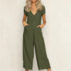 Wide Leg Jumpsuit V Neck Short Sleeve Buttons Women Jumpsuit