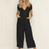 Wide Leg Jumpsuit V Neck Short Sleeve Buttons Women Jumpsuit - Image 7
