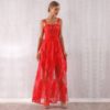 Women Bandage Red Lace Maxi Celebrity Party Dress - Image 2