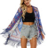 Women Boho Kimono Long Sleeve Fringe Printed Open Front Blue Cover Up