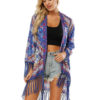 Women Boho Kimono Long Sleeve Fringe Printed Open Front Blue Cover Up - Image 2