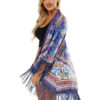 Women Boho Kimono Long Sleeve Fringe Printed Open Front Blue Cover Up - Image 3