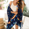Women Floral Kimono Half Sleeve Tassels Royal Blue Casual Cover Up