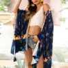 Women Floral Kimono Half Sleeve Tassels Royal Blue Casual Cover Up - Image 2
