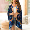 Women Floral Kimono Half Sleeve Tassels Royal Blue Casual Cover Up - Image 3